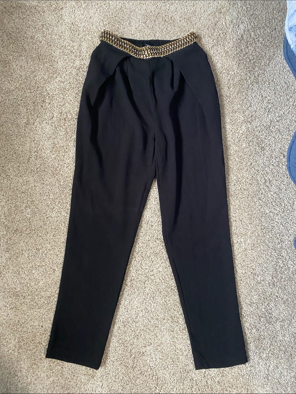 Black High-Waist Tapered Pants with Gold Chain Accent